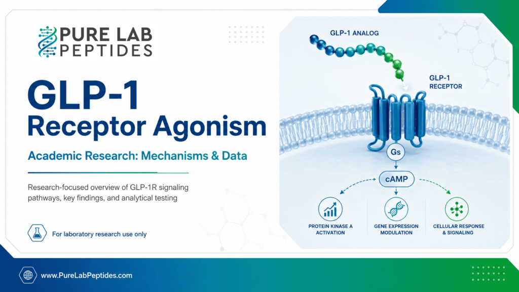 GLP-1 receptor agonism research graphic showing signaling pathway context and laboratory research use only